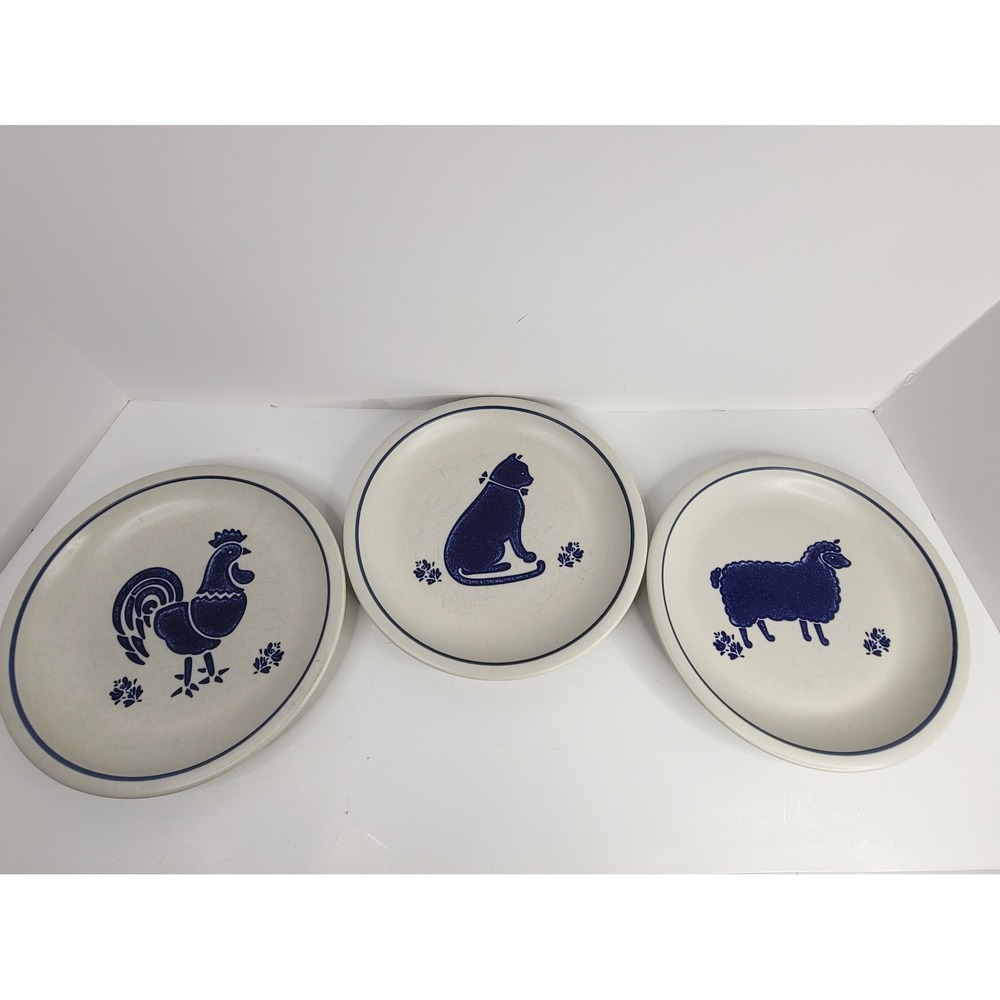 Pfaltzgraff Yorktowne Salad Plates Set of 3 Rooster Cat Sheep Blue Folk Art USA